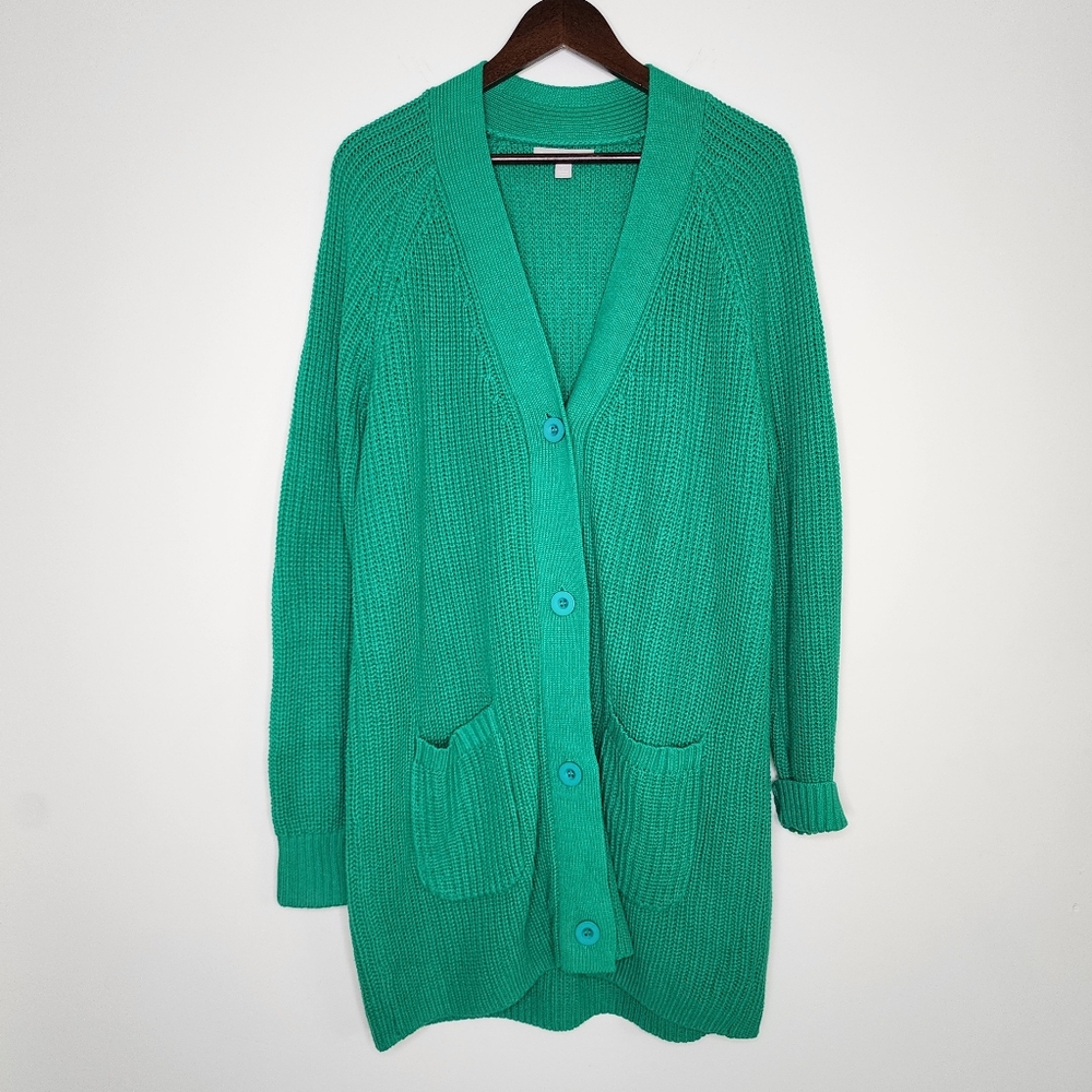 Woman Within Kelly Green Longline Button-Up Cardigan Sweater Large 18/20 Preppy